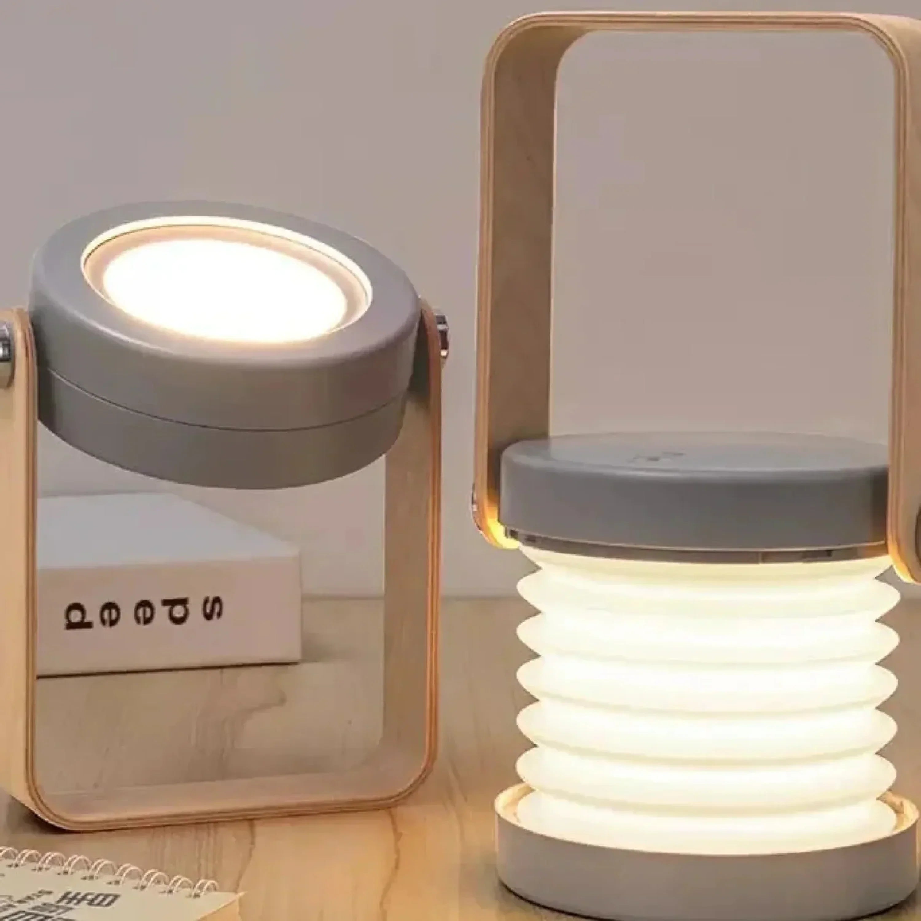 AMBIENTIFY Turn Foldable Rechargeable LED Lamp – 300lm 3 Brightness USB-C 1200mAh Wood Handle ABS Portable Multiuse